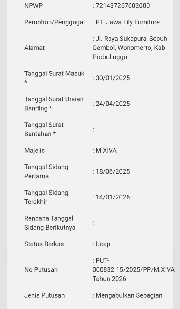 Penyelesaian Sengketa Pajak PT Jawa Lily Furniture oleh Proconsult.id