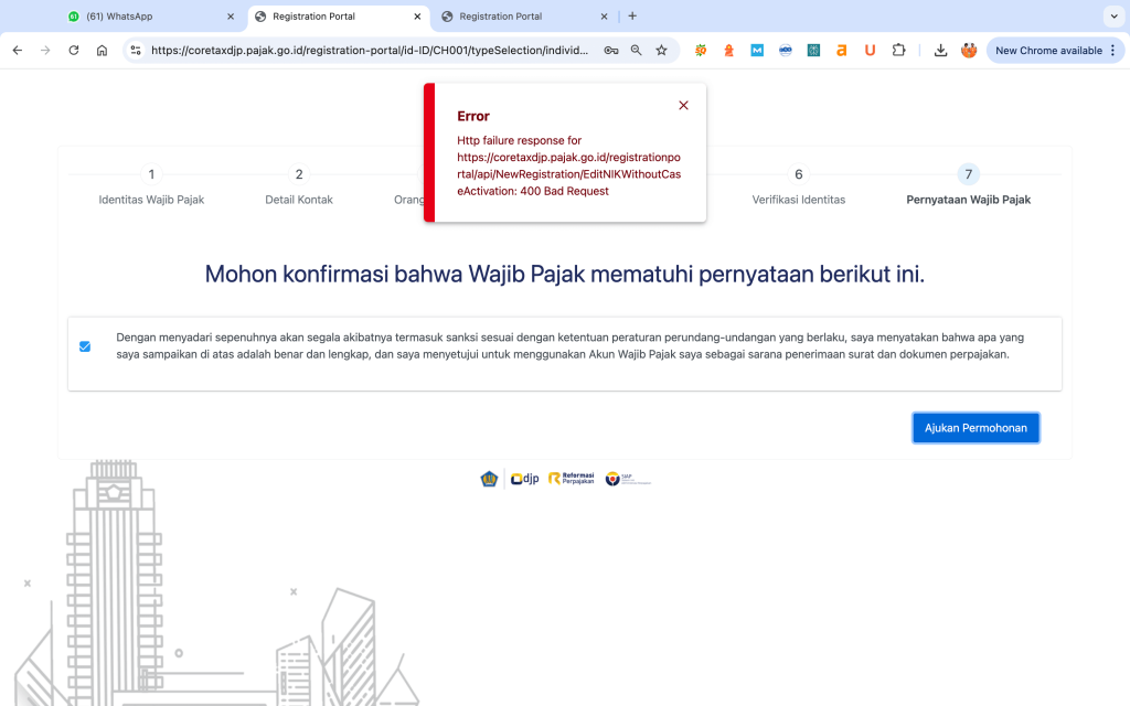 Penyebab http failure response for 400 ok di Coretax